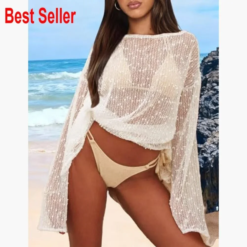 Crochet Swimsuit Coverup Boat Neck Long Sleeve Beach Caftan Dress
